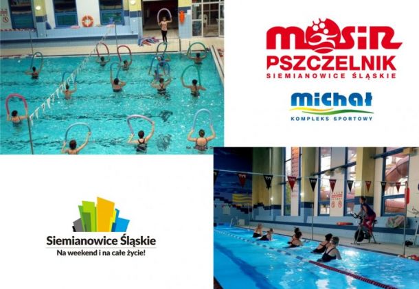 Plakat zapraszający na ćwiczenia w wodzie oraz aqua cycling organizowane na basenie Kompleksu Sportowego „Michał”, autor: Wiesław Stręk